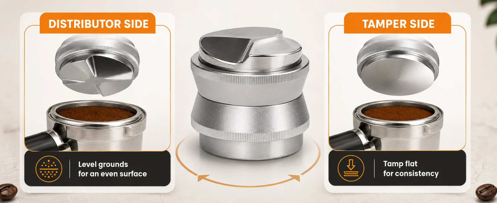Two in one coffee distributor and tamper