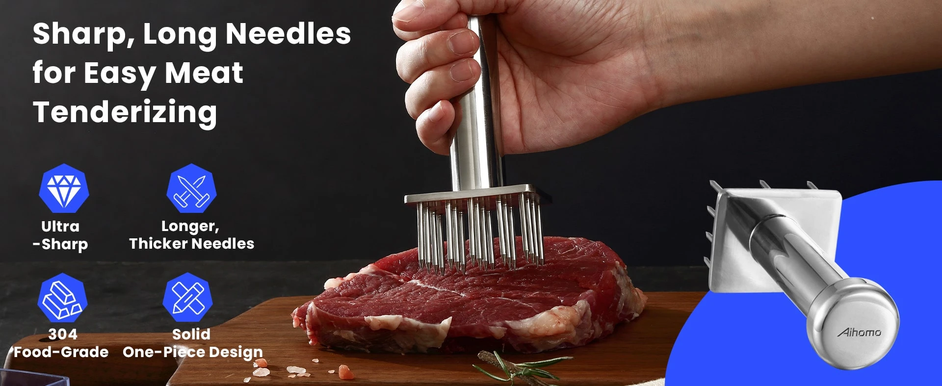 Sharp stainless steel meat tenderiser needles