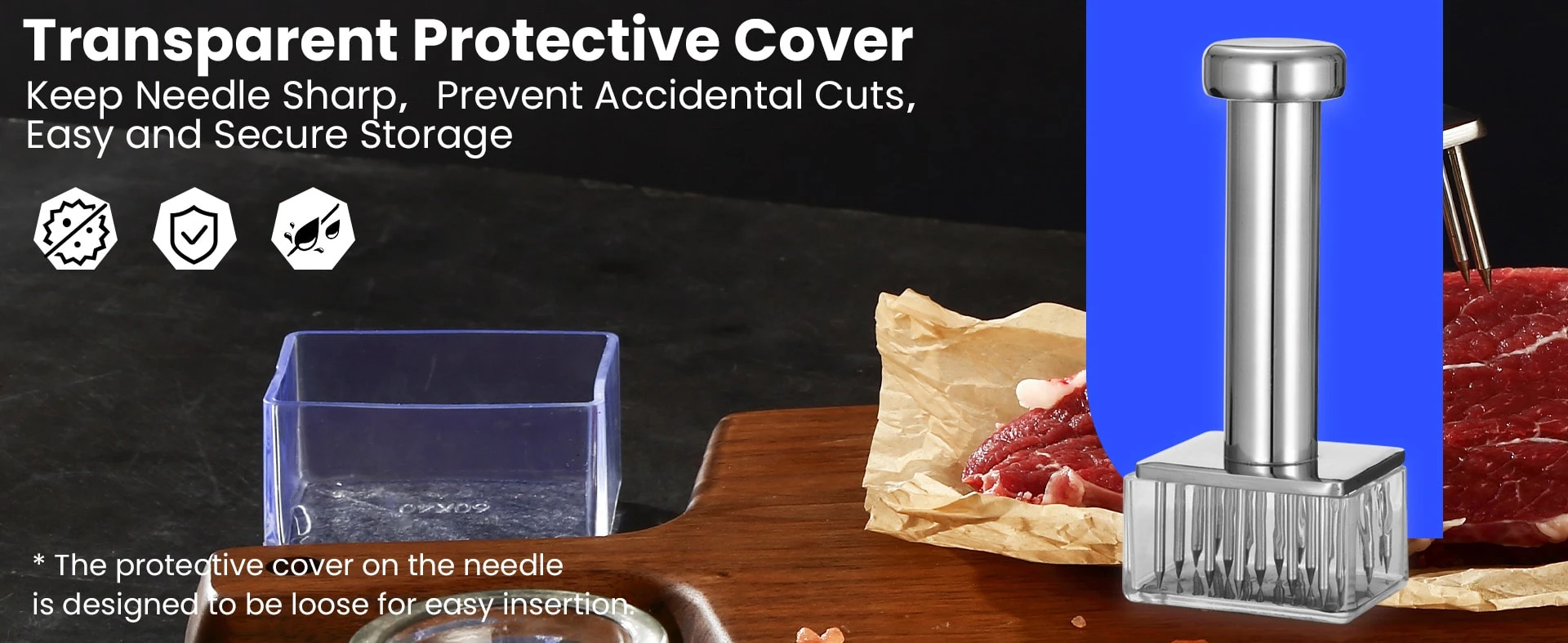 Protective cover for meat tenderiser needles
