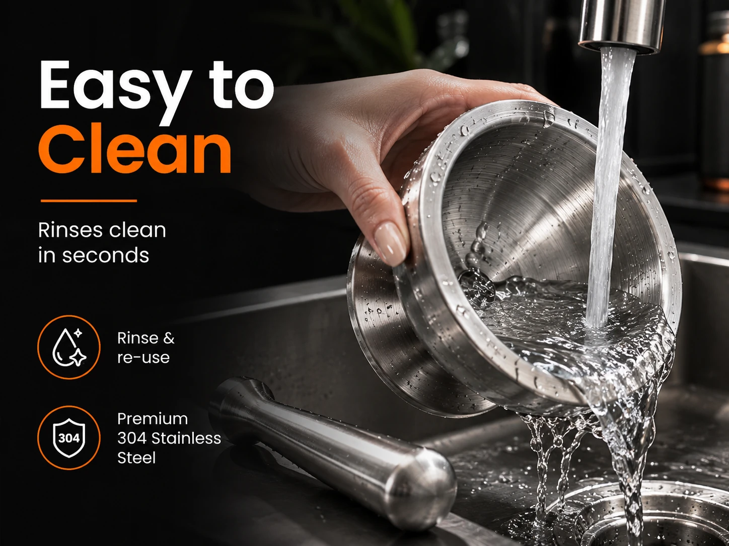 Easy to clean stainless steel mortar and pestle