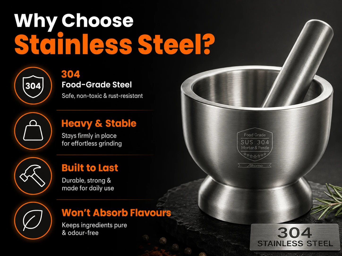 304 stainless steel mortar and pestle set
