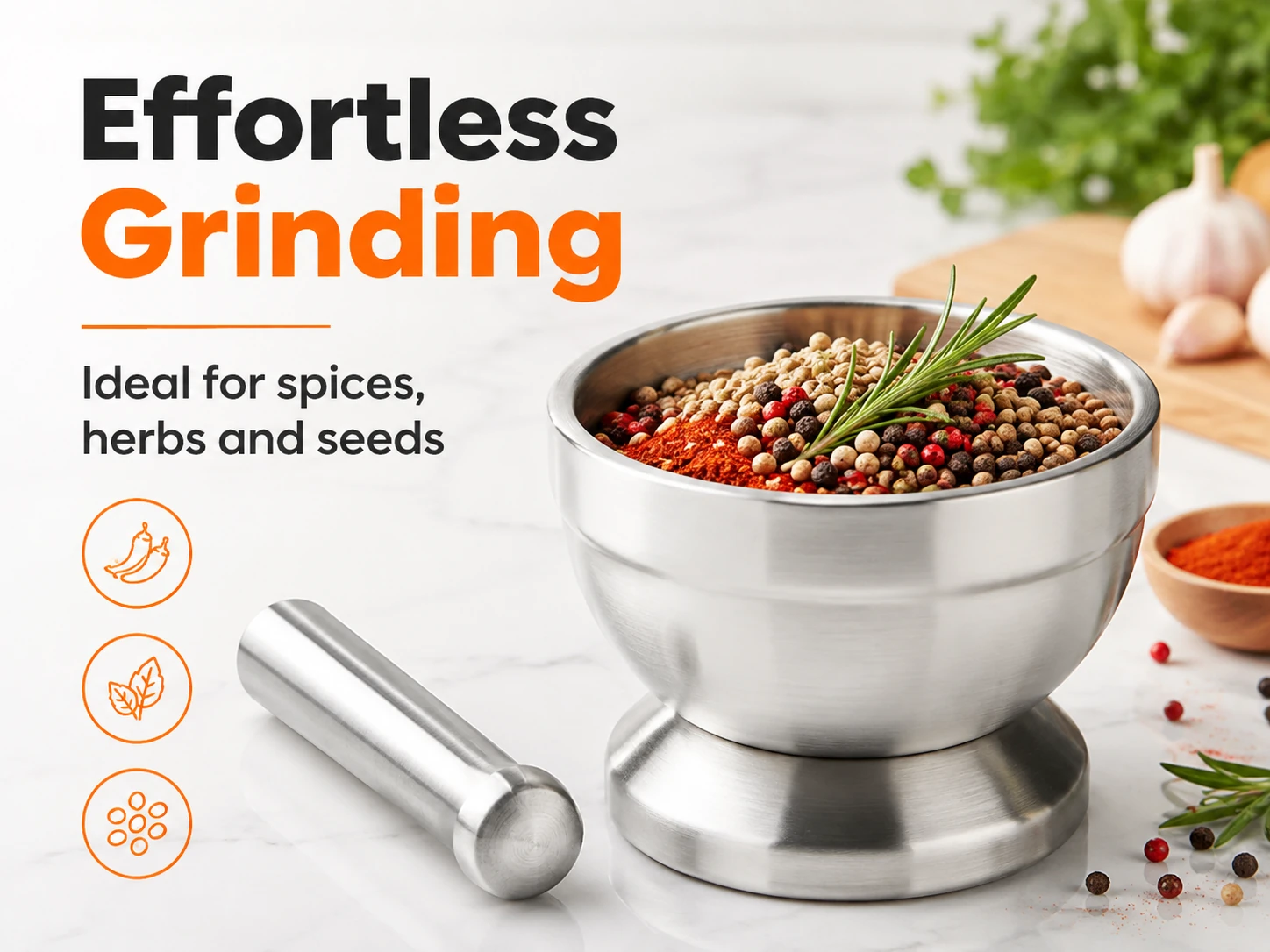 Stainless steel mortar for grinding spices herbs and seeds
