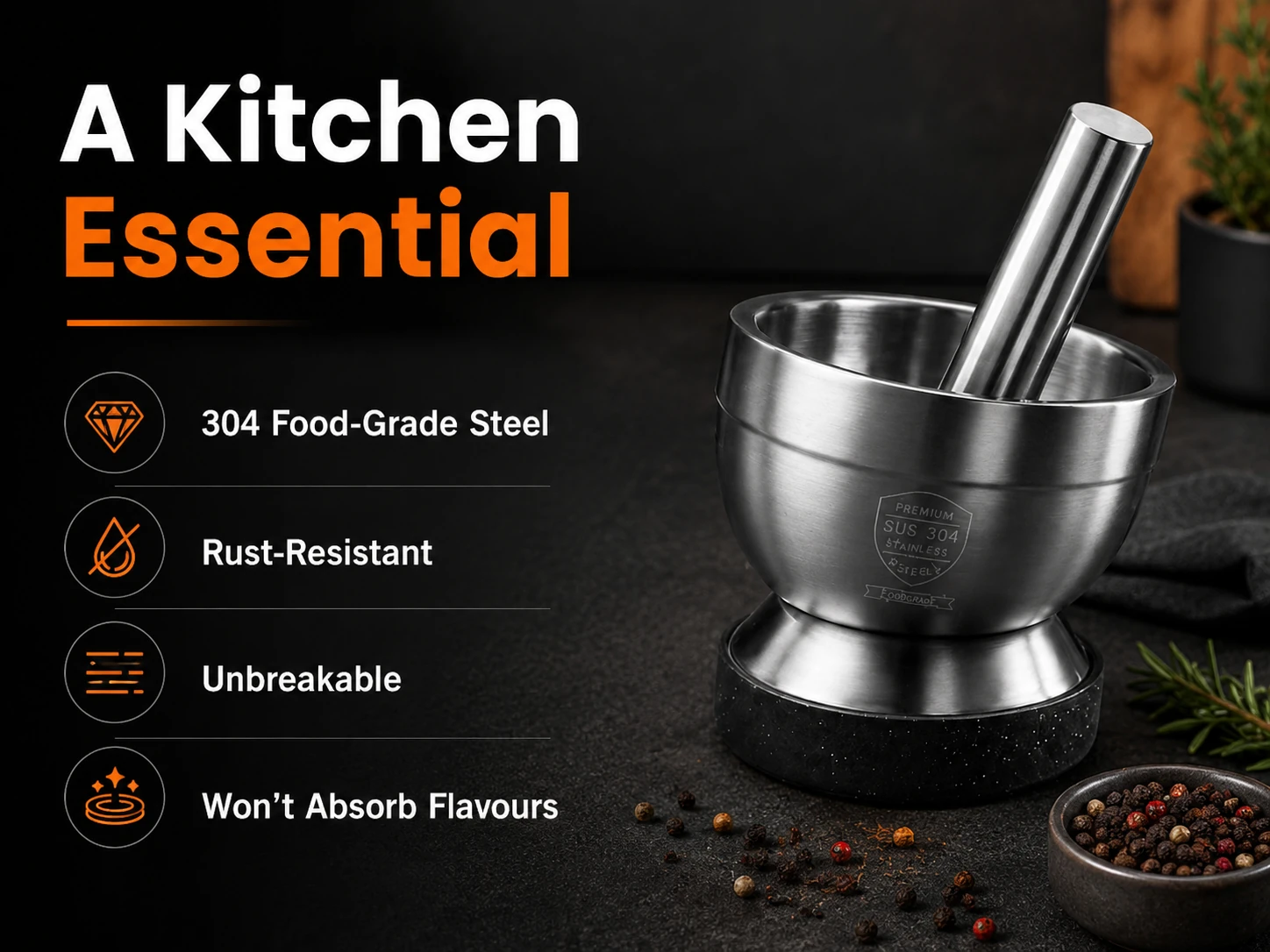 Heavy stable mortar and pestle for kitchen preparation