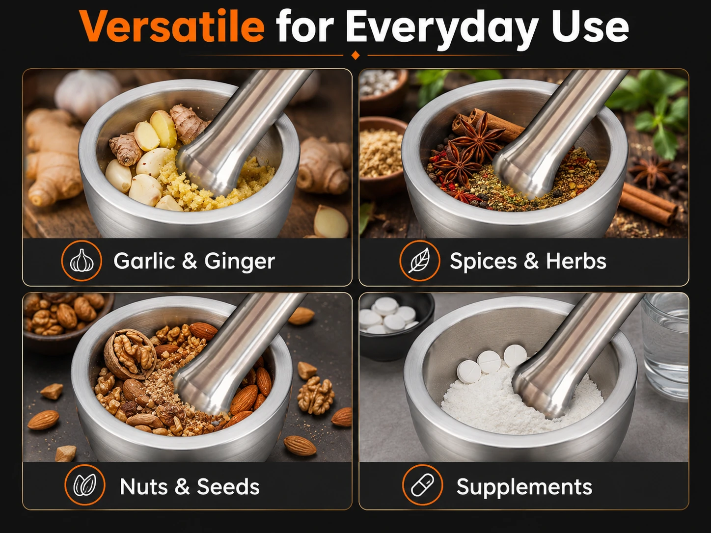 Mortar and pestle set components and accessories